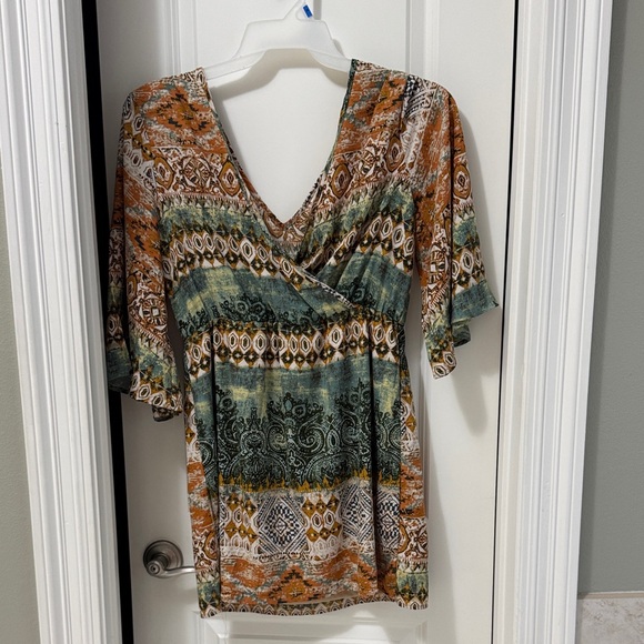 Pink Owl Tops - Pink Owl Rust, Teal & Olive Boho Faux-Wrap V-Neck Tunic